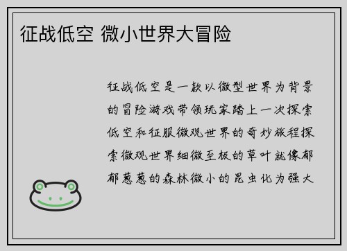 征战低空 微小世界大冒险