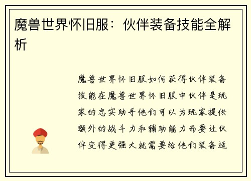 魔兽世界怀旧服：伙伴装备技能全解析